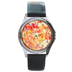 Monotype Art Pattern Leaves Colored Autumn Round Metal Watch by Amaryn4rt