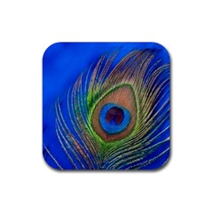 Blue Peacock Feather Rubber Coaster (Square)