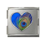 Blue Peacock Feather Mega Link Heart Italian Charm (18mm) Front