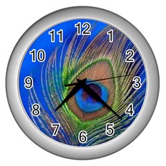 Blue Peacock Feather Wall Clock (Silver)