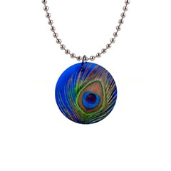 Blue Peacock Feather 1  Button Necklace