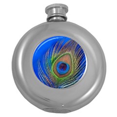 Blue Peacock Feather Round Hip Flask (5 Oz) by Amaryn4rt