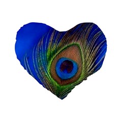 Blue Peacock Feather Standard 16  Premium Flano Heart Shape Cushions by Amaryn4rt