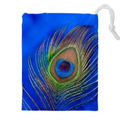 Blue Peacock Feather Drawstring Pouch (5xl) by Amaryn4rt