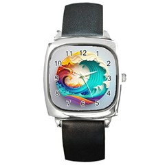 Tsunami Tidal Wave Wave Minimalist Ocean Sea 3 Square Metal Watch by Wegoenart