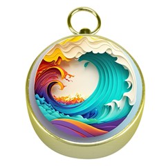 Tsunami Tidal Wave Wave Minimalist Ocean Sea 3 Gold Compasses by Wegoenart