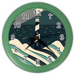 Lighthouse Abstract Ocean Sea Waves Water Blue Color Wall Clock by Wegoenart