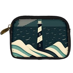 Lighthouse Abstract Ocean Sea Waves Water Blue Digital Camera Leather Case by Wegoenart