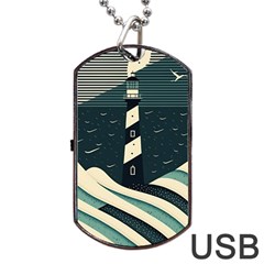 Lighthouse Abstract Ocean Sea Waves Water Blue Dog Tag Usb Flash (one Side) by Wegoenart