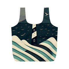 Lighthouse Abstract Ocean Sea Waves Water Blue Full Print Recycle Bag (m) by Wegoenart