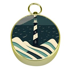 Lighthouse Abstract Ocean Sea Waves Water Blue Gold Compasses by Wegoenart