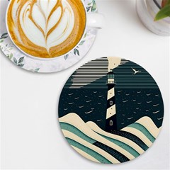 Lighthouse Abstract Ocean Sea Waves Water Blue Uv Print Round Tile Coaster by Wegoenart