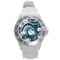 Flowers Pattern Floral Ocean Abstract Digital Art Round Plastic Sport Watch (L)