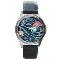 Waves Flowers Pattern Water Floral Minimalist Round Metal Watch by Wegoenart