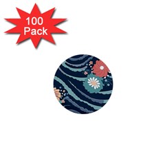 Waves Flowers Pattern Water Floral Minimalist 1  Mini Buttons (100 Pack) 