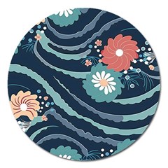 Waves Flowers Pattern Water Floral Minimalist Magnet 5  (round) by Wegoenart