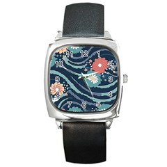 Waves Flowers Pattern Water Floral Minimalist Square Metal Watch by Wegoenart