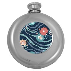 Waves Flowers Pattern Water Floral Minimalist Round Hip Flask (5 Oz) by Wegoenart