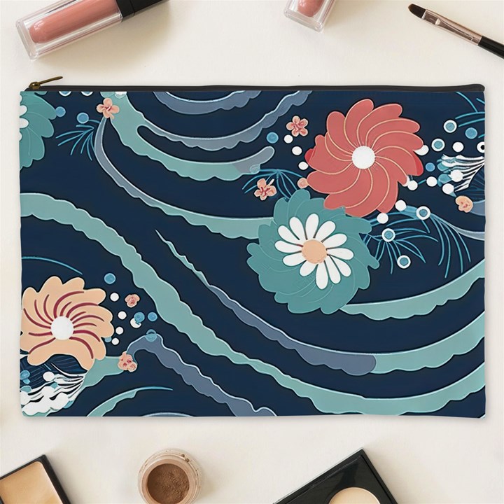 Waves Flowers Pattern Water Floral Minimalist Cosmetic Bag (XXXL)