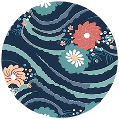 Waves Flowers Pattern Water Floral Minimalist Wooden Puzzle Round by Wegoenart