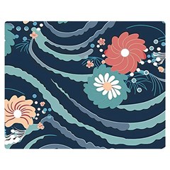 Waves Flowers Pattern Water Floral Minimalist Premium Plush Fleece Blanket (medium) by Wegoenart