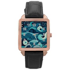 Waves Ocean Sea Abstract Whimsical Abstract Art Rose Gold Leather Watch  by Wegoenart