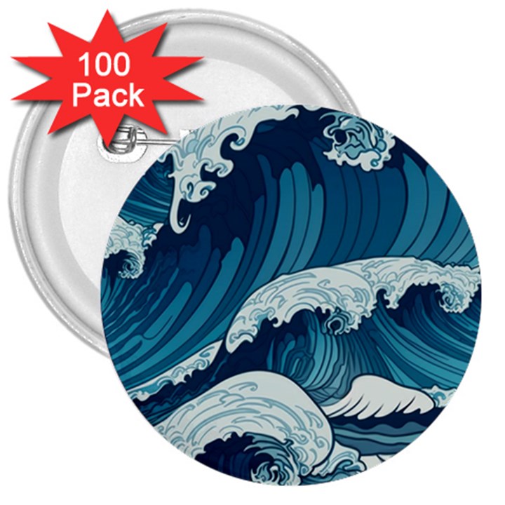 Waves Ocean Sea Pattern Water Tsunami Rough Seas 3  Buttons (100 pack) 