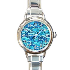 Pattern Ocean Waves Blue Nature Sea Abstract Round Italian Charm Watch by Wegoenart