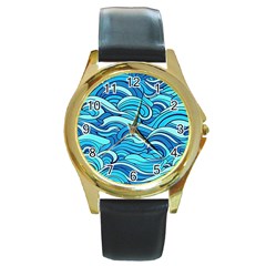 Pattern Ocean Waves Blue Nature Sea Abstract Round Gold Metal Watch by Wegoenart