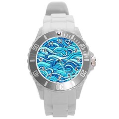 Pattern Ocean Waves Blue Nature Sea Abstract Round Plastic Sport Watch (l) by Wegoenart