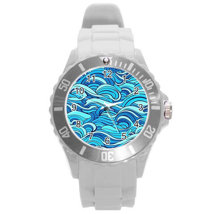 Pattern Ocean Waves Blue Nature Sea Abstract Round Plastic Sport Watch (L)