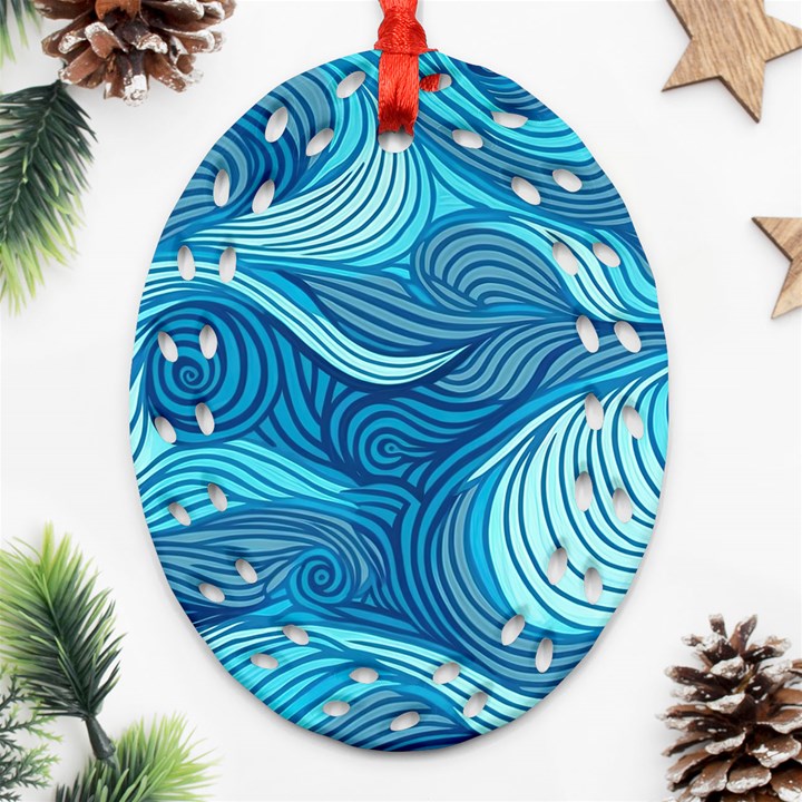 Ocean Waves Sea Abstract Pattern Water Blue Oval Filigree Ornament (Two Sides)