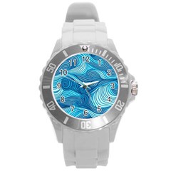 Ocean Waves Sea Abstract Pattern Water Blue Round Plastic Sport Watch (l) by Wegoenart