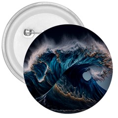 Tsunami Waves Ocean Sea Water Rough Seas Nature 3  Buttons by Wegoenart