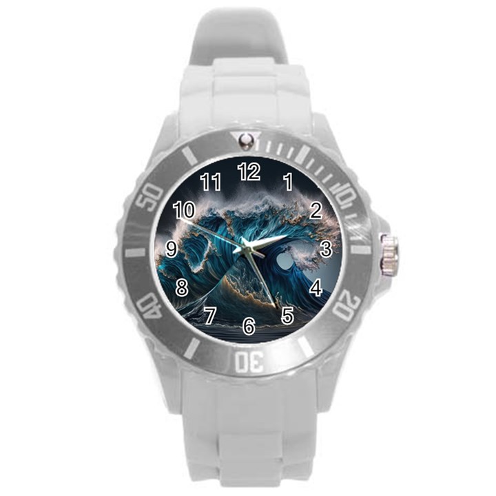 Tsunami Waves Ocean Sea Water Rough Seas Nature Round Plastic Sport Watch (L)