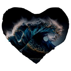 Tsunami Waves Ocean Sea Water Rough Seas Nature Large 19  Premium Heart Shape Cushions by Wegoenart