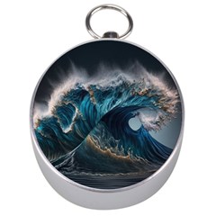 Tsunami Waves Ocean Sea Water Rough Seas Nature Silver Compasses by Wegoenart