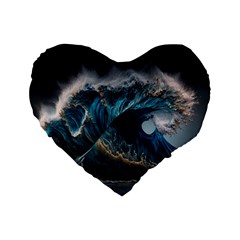 Tsunami Waves Ocean Sea Water Rough Seas Nature Standard 16  Premium Flano Heart Shape Cushions by Wegoenart