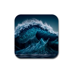 Tsunami Waves Ocean Sea Water Rough Seas Blue Rubber Square Coaster (4 Pack) by Wegoenart