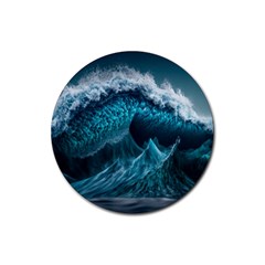 Tsunami Waves Ocean Sea Water Rough Seas Blue Rubber Round Coaster (4 Pack) by Wegoenart