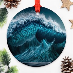 Tsunami Waves Ocean Sea Water Rough Seas Blue Round Ornament (two Sides) by Wegoenart