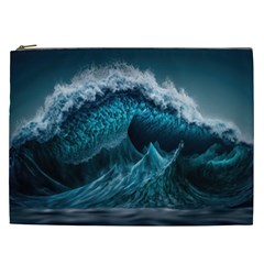 Tsunami Waves Ocean Sea Water Rough Seas Blue Cosmetic Bag (xxl) by Wegoenart