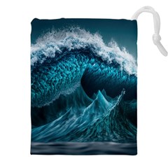 Tsunami Waves Ocean Sea Water Rough Seas Blue Drawstring Pouch (5xl) by Wegoenart