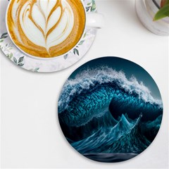 Tsunami Waves Ocean Sea Water Rough Seas Blue Uv Print Round Tile Coaster by Wegoenart