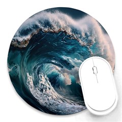 Tsunami Waves Ocean Sea Water Rough Seas Round Mousepad by Wegoenart