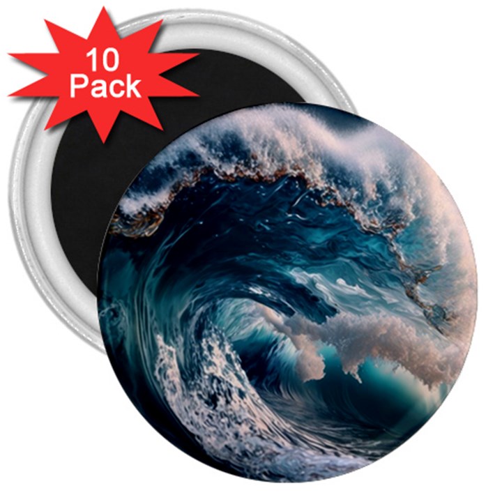 Tsunami Waves Ocean Sea Water Rough Seas 3  Magnets (10 pack) 