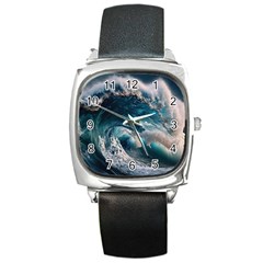 Tsunami Waves Ocean Sea Water Rough Seas Square Metal Watch by Wegoenart