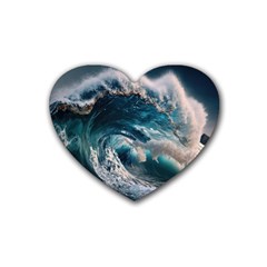 Tsunami Waves Ocean Sea Water Rough Seas Rubber Coaster (heart) by Wegoenart