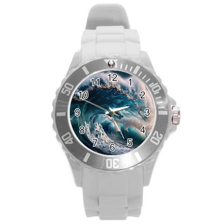 Tsunami Waves Ocean Sea Water Rough Seas Round Plastic Sport Watch (L)