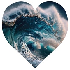 Tsunami Waves Ocean Sea Water Rough Seas Wooden Puzzle Heart by Wegoenart